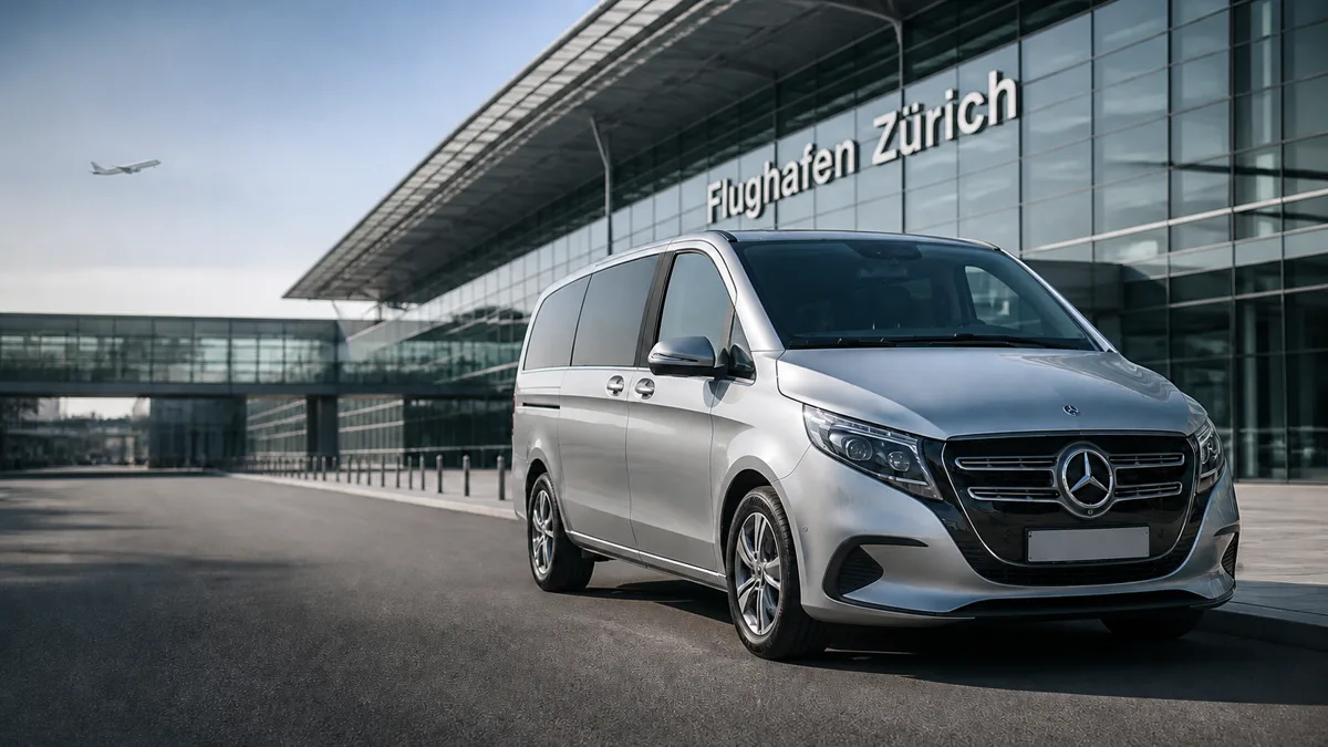 Mercedes V-Class beside the Zurich Airport terminal entrance